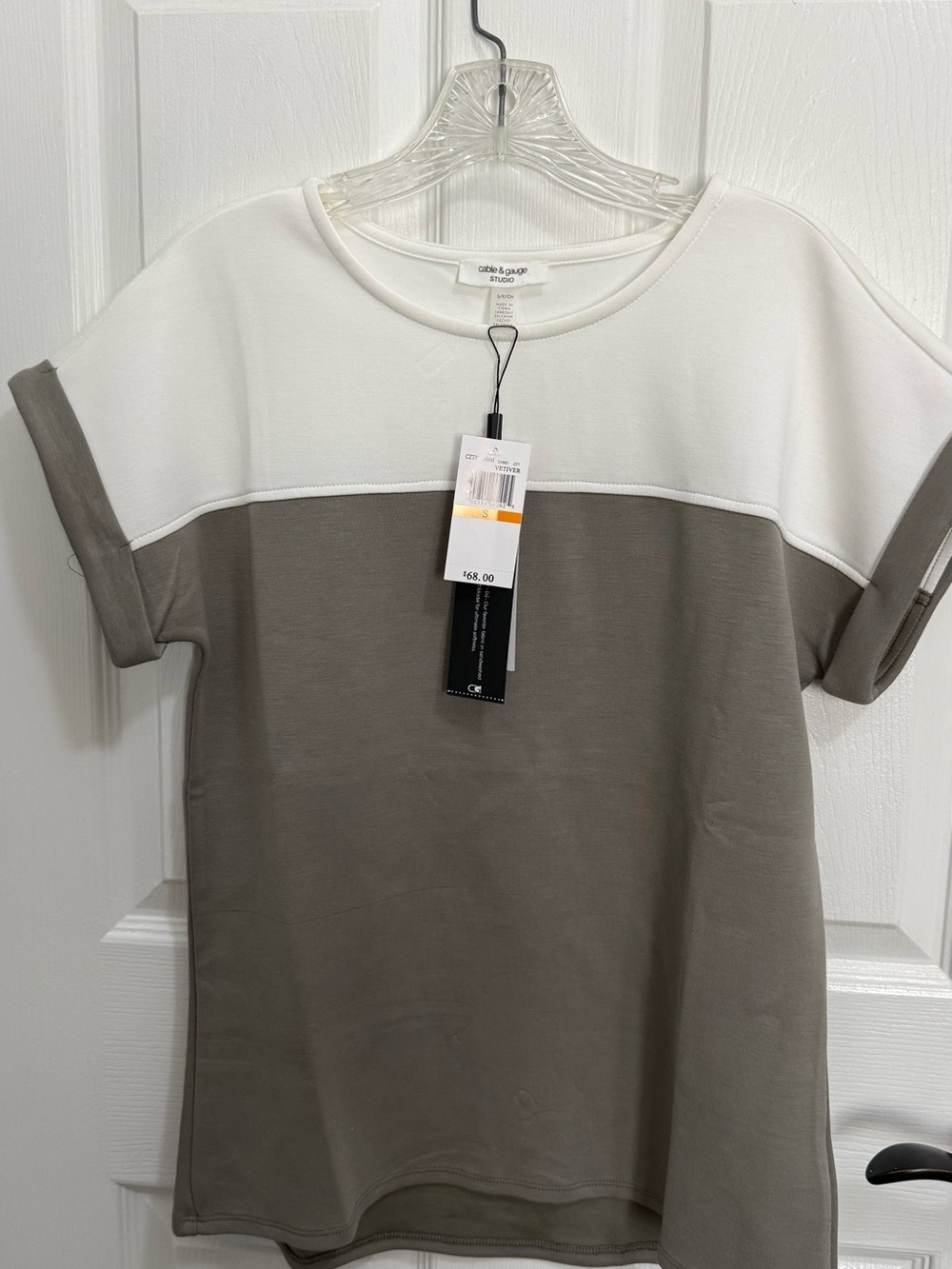 Cable & Gauge Two-Tone Short Sleeve Tee in White and Taupe